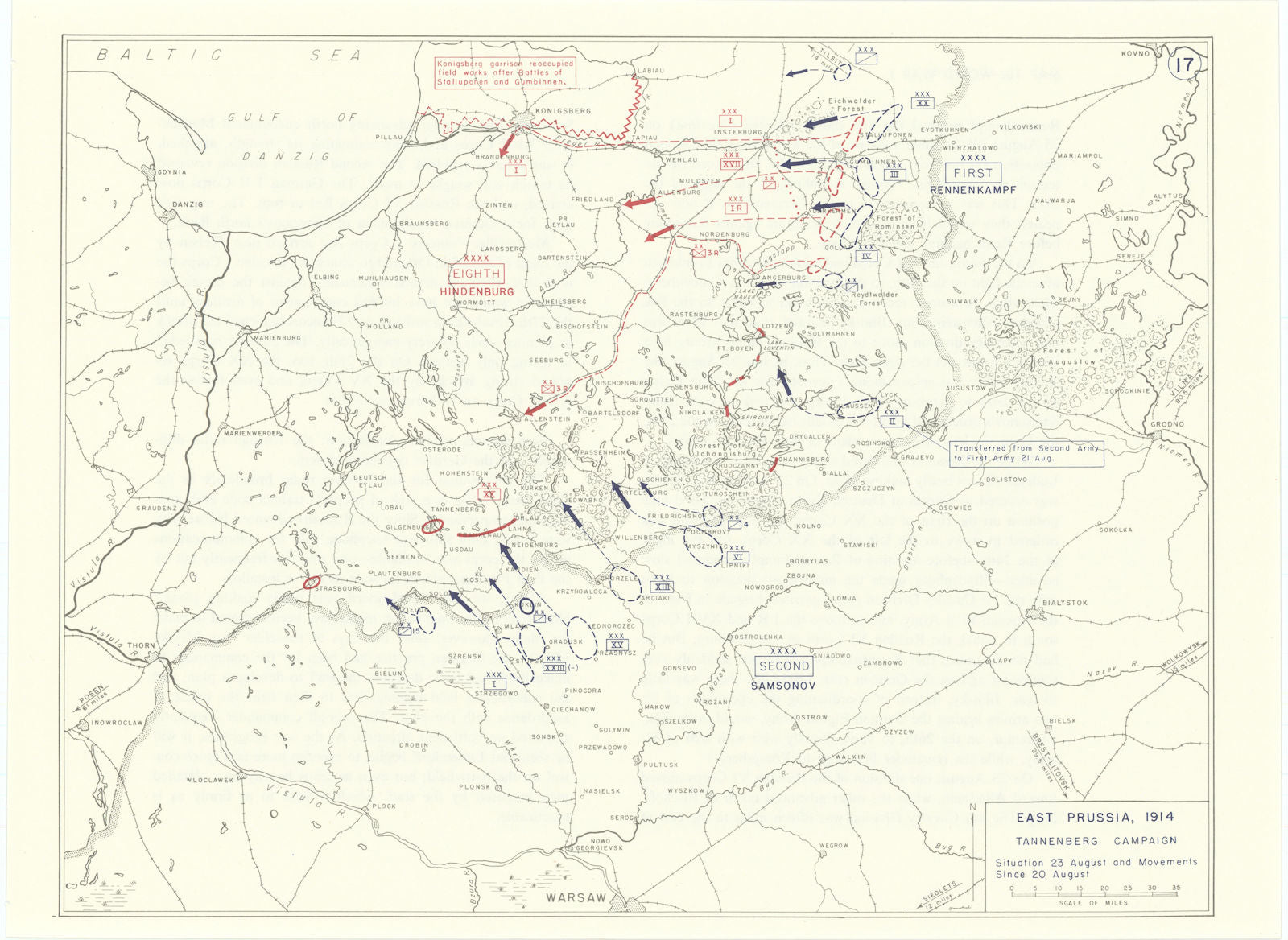 World War 1. East Prussia 20-23 August 1914. Tannenberg Campaign 1959 old map
